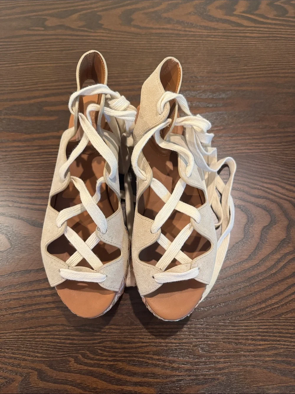 See By Chloé Cream Suede Lace-Up Woven Platform Sandals